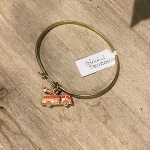 Gleeful Peacock Gold Bangle Bracelet with Hand Painted Fire Truck Charm